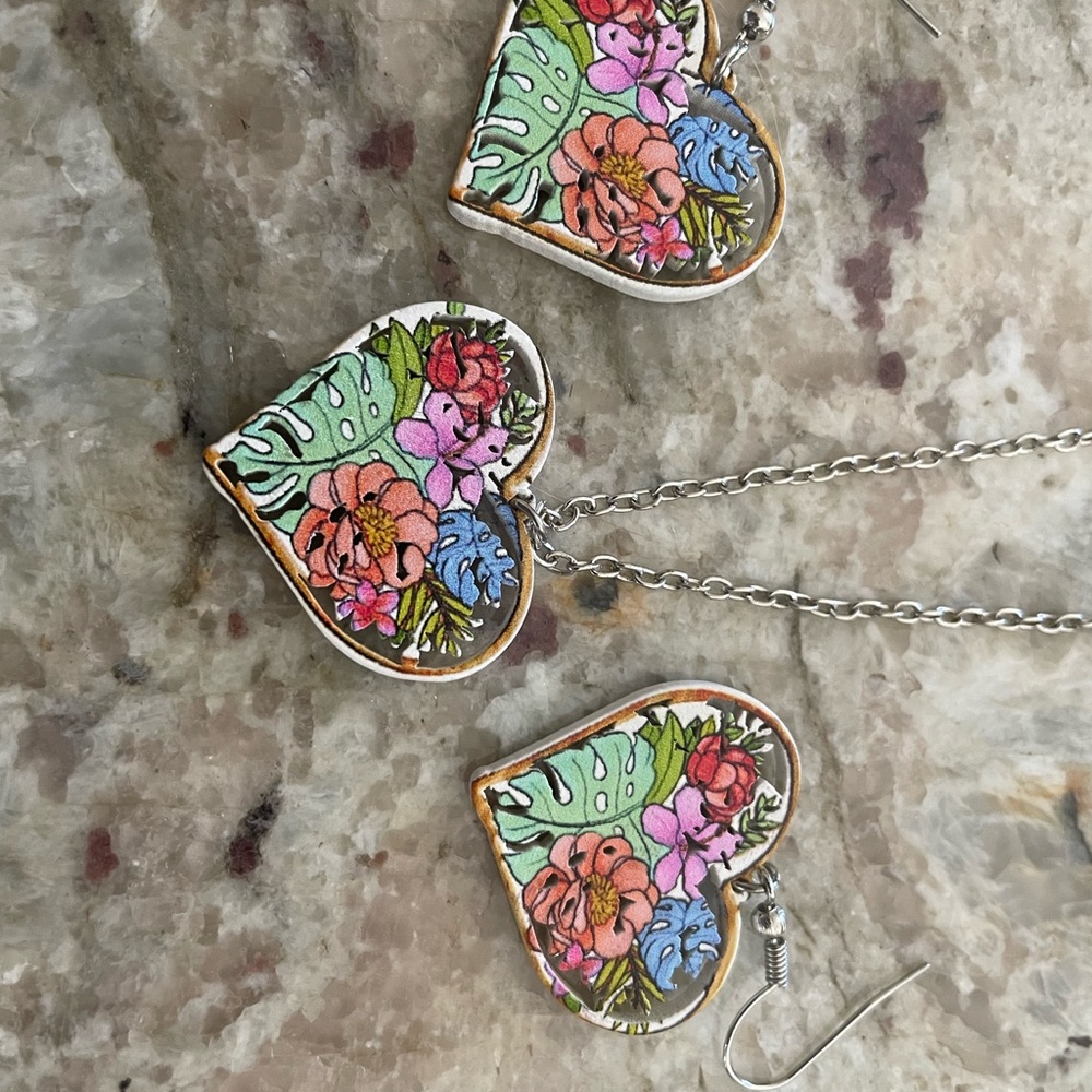 Floral Heart Pendant and Earring Set